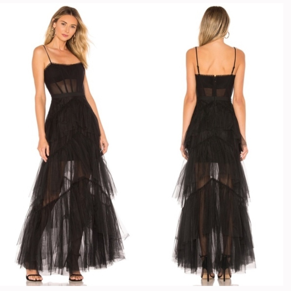 Betsy & Adam Jasmine Tiered Tulle Ruffle Gown Size 2 Black Maxi Dress Corset